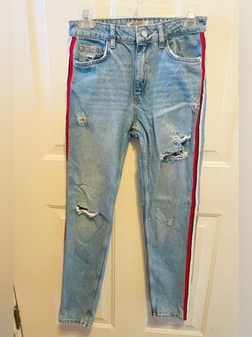 Zara Basic distressed jeans with white, black and red shimmer side stripes